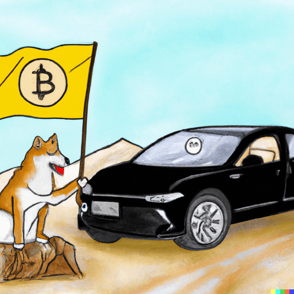 2023-05-11 12.59.06 - A painting of a Tesla Model X parked on the crater-ridden surface of the moon. Sitting in the car is a Shiba-inu dog holding a gold and white flag. Th